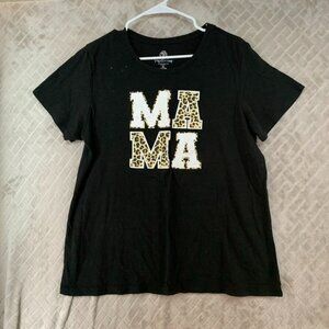 Positivitees Womens XL T Shirt Black Short Sleeve Mama Graphic Leopard Print